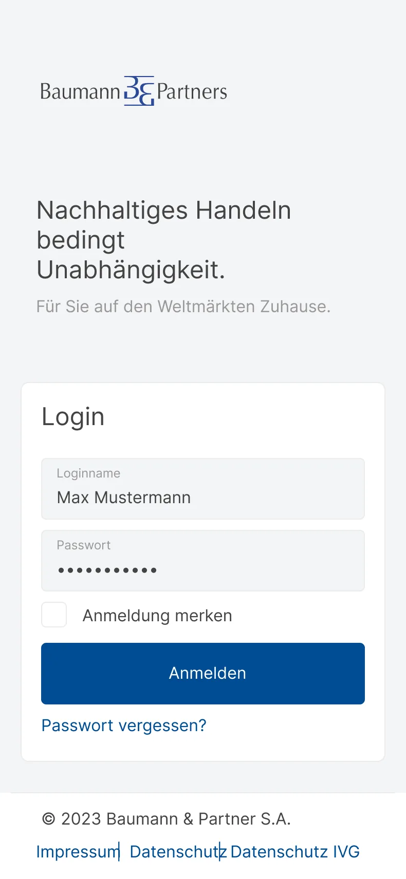 Login des Anlegerportals mit der Zeile Nachhaltiges Handeln bedingt Unabhängigkeit, Feldern für Loginname und Passwort und der Schaltfläche Anmelden.