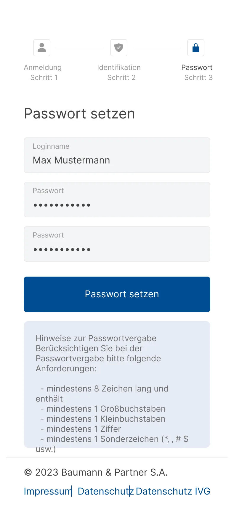 Dritter Schritt der Erstanmeldung mit Fortschrittsanzeige über Anmeldung, Identifikation und Passwort, zwei Passwortfeldern und den Anforderungen an die Passwortvergabe.