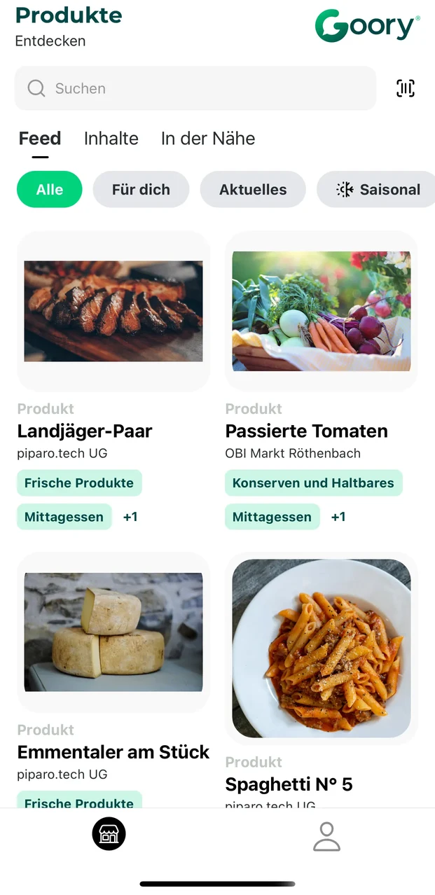 Produkt-Feed der Goory App mit Suchfeld, Scan-Symbol und Kacheln lokaler Produkte, jede mit Anbieter und Kategorie.