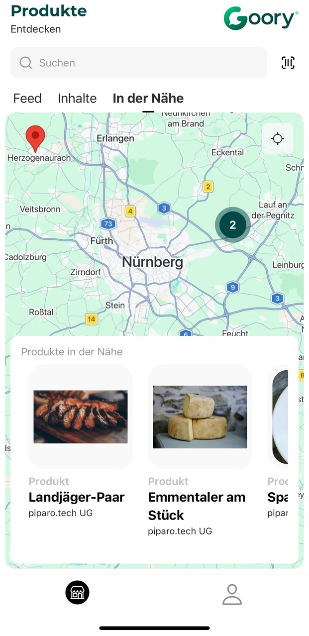 Kartenansicht In der Naehe rund um Nuernberg mit Anbieter-Markern und einer Leiste der Produkte in der Umgebung.