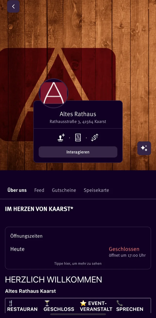 Anbieterseite Altes Rathaus mit Titelbild, Adresse, Oeffnungszeiten und den Reitern Ueber uns, Feed, Gutscheine und Speisekarte.