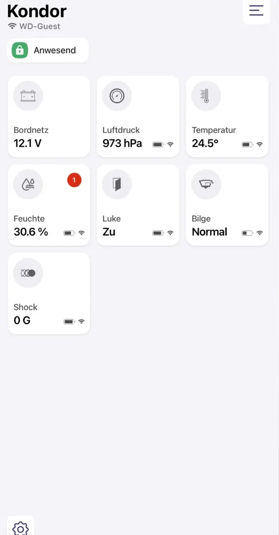 Dashboard der ME-SENSE App: Bordnetz, Luftdruck, Temperatur, Feuchte, Luke, Bilge und Shock als Kacheln fuer das Boot Kondor.
